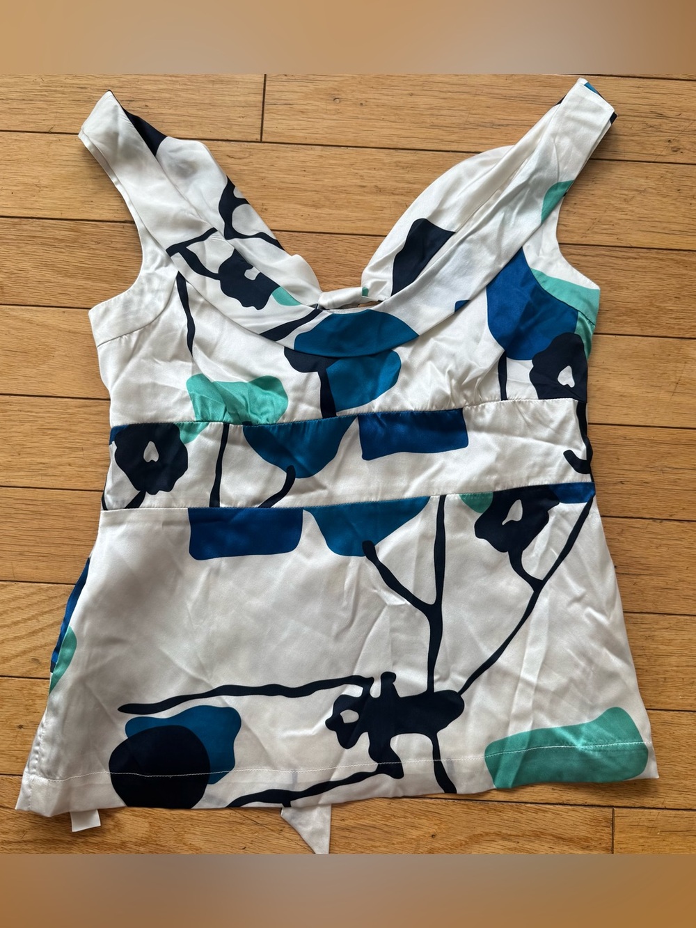 Y2K 100% Silk Abstract Floral Cowl Neck Tie Back Top Blue Green Size 4